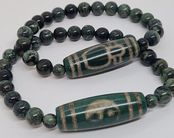 Agate Dzi Bead Bracelet: Bagua God of Wealth, Kambaba Jasper, Tibetan Talisman