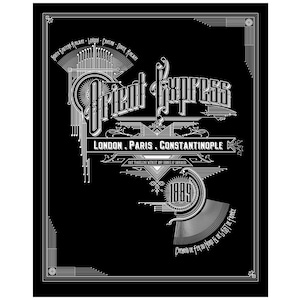 May include: Black and white graphic design of the Orient Express train logo. The logo features the words "Orient Express" in a decorative font, with the words "London. Paris. Constantinople" below. The year 1889 is also included in the design.
