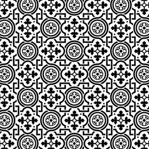 May include: Black and white geometric pattern with repeating shapes and designs. The pattern features a series of interlocking circles, squares, and crosses.