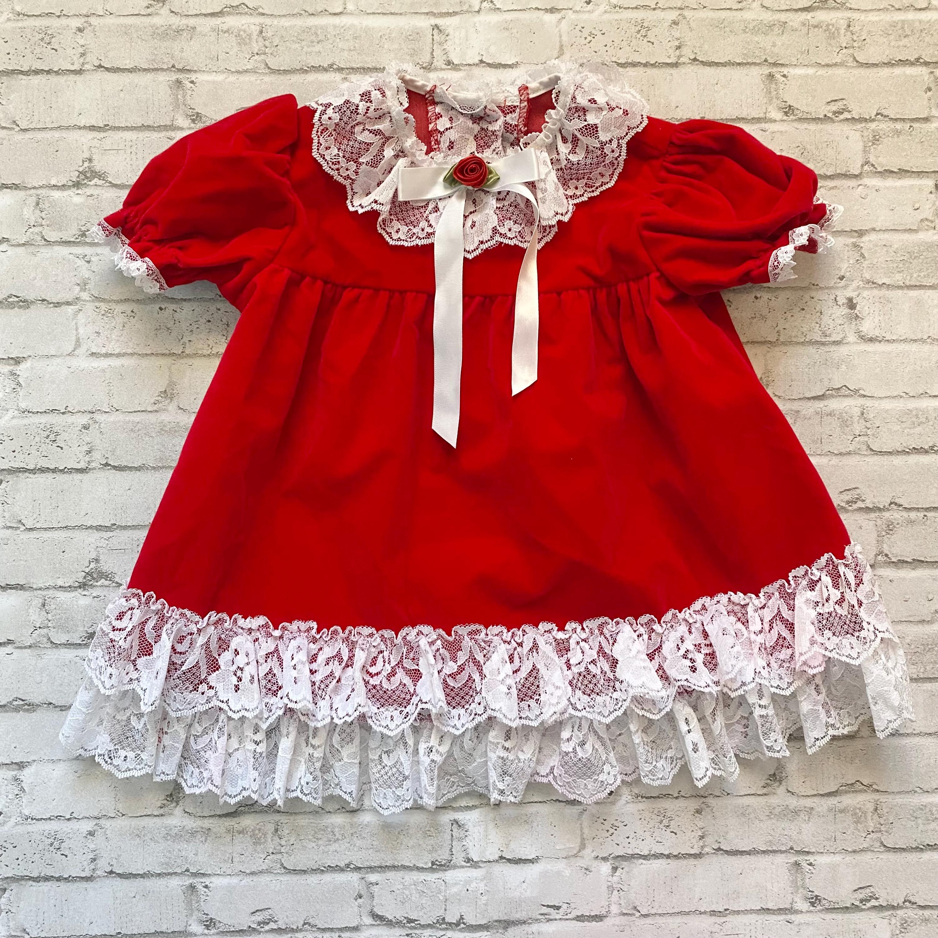 Vintage Red Velvet Ruffle Lace Baby Dress