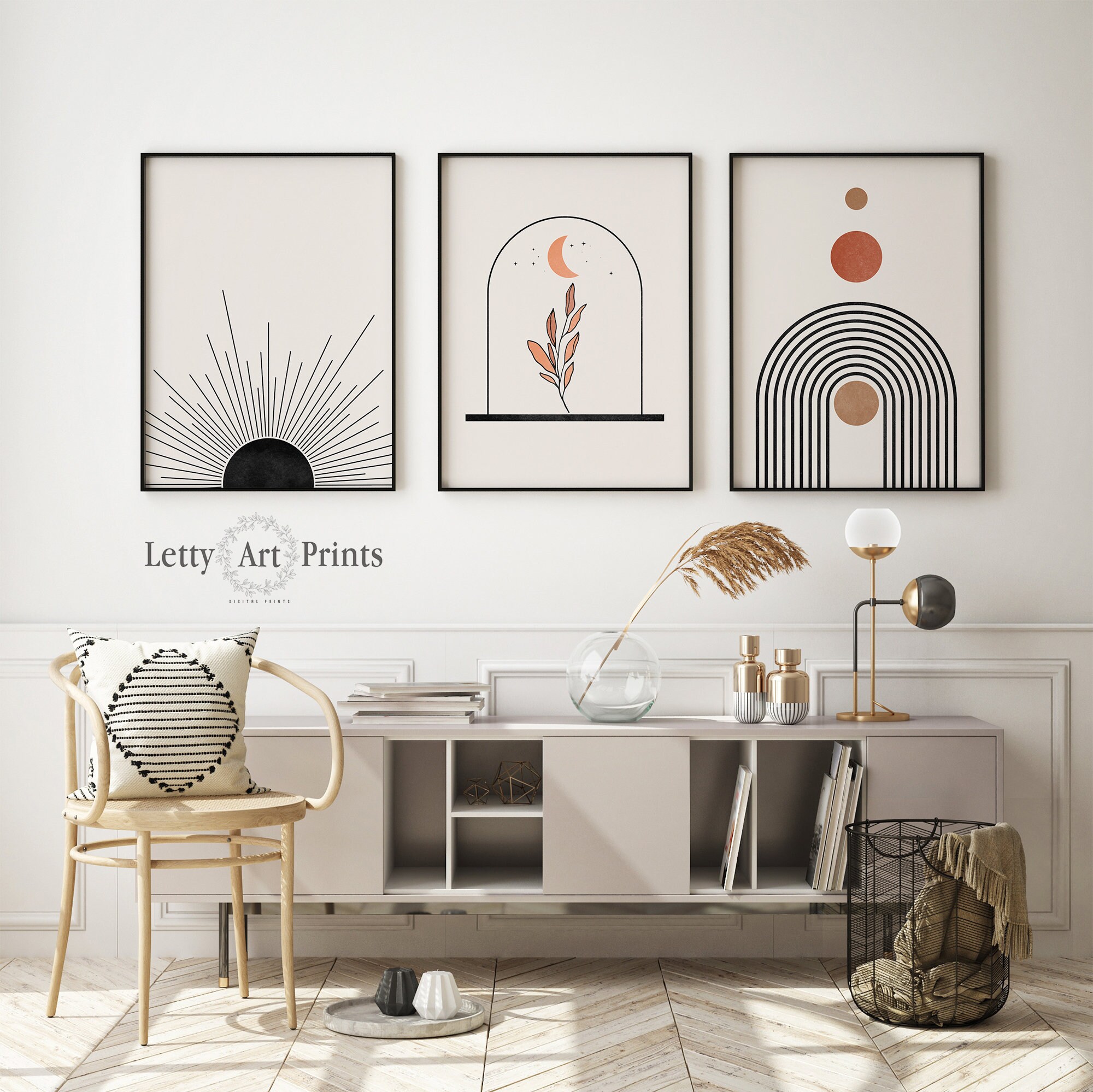 Boho Set Of 3 Prints Mid Century Modern Wall Art Set Sun Etsy