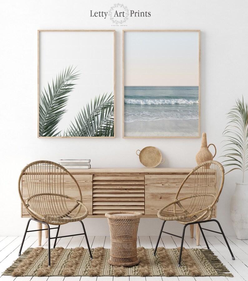 Beach Wall Art Set Of 2 Prints Ocean Print Palm Wall Art Etsy