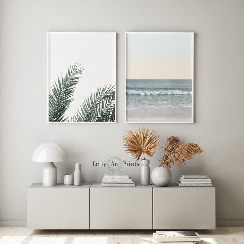 Beach Wall Art Set Of 2 Prints Ocean Print Palm Wall Art Etsy