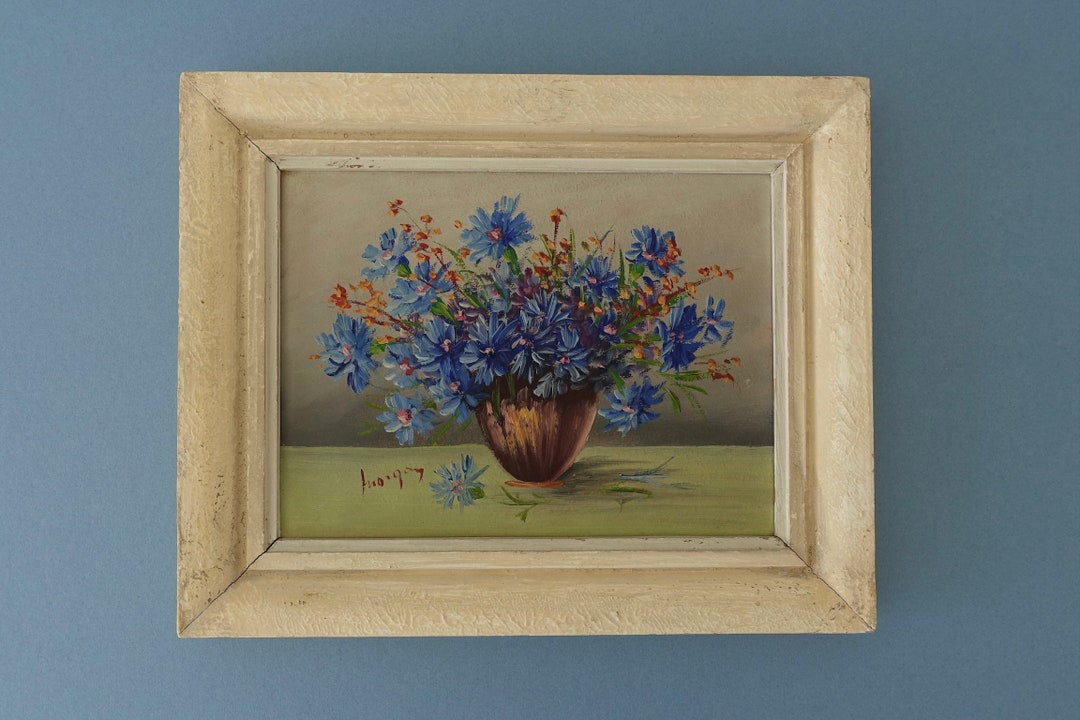 Vintage Floral Still Life Painting, Blue Flowers in Vase Framed ...