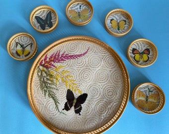 Retro Paper Butterfly Coaster and Tray Set In Original Packaging | Kitsch Home Decor | Kitsch Tea Tray | Retro Coasters | Vintage Coasters