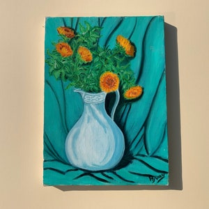 Vintage Still Life Painting, Turquoise and Orange Marigold Painting, Original Acrylic Canvas Painting, Floral Painting, Dorm Room Wall Art