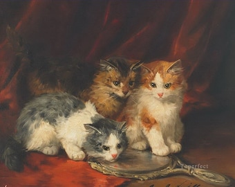 Kittens And Snail Alfred de Neuville Vintage Cute Cat Kitten Postcard Art Print