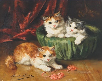 Kittens And Snail Alfred de Neuville Vintage Cute Cat Kitten Postcard Art Print