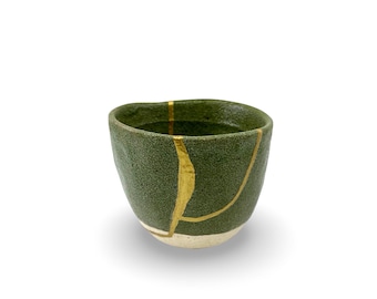 Kintsugi tea mug - Moss green  highly textured & MT white lopsided teamug * ****Display Only ****