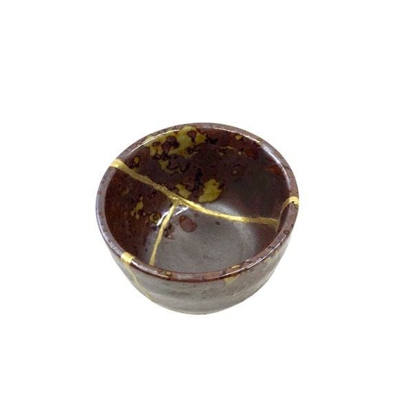 Mini “Akachan” Kintsugi - Small Sake cup Earth Brown with forest green   **DISPLAY ONLY***