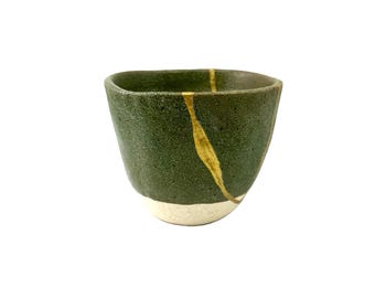Kintsugi tea mug - Moss green  highly textured & MT white lopsided teamug * ****Display Only ****
