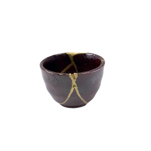 Mini “Akachan” Kintsugi - Short earth brown sake cup with forest green speckle glaze    **DISPLAY ONLY***