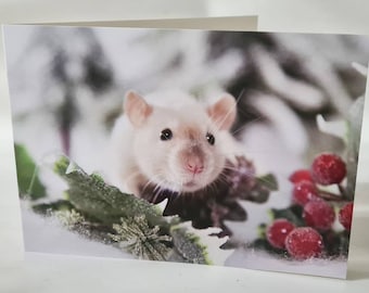 Peut inclure: Un rat blanc aux oreilles et au nez roses assis dans une scène enneigée avec du houx vert et des baies rouges.