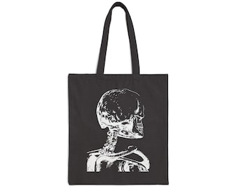 White Grunge Skull Illustration Tote Bag | Black Canvas Tote