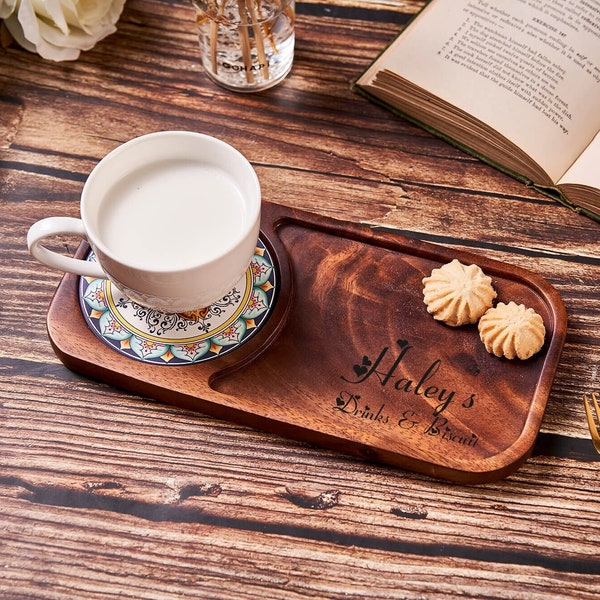 Tablero de té y galletas grabado, bandeja de golosinas de madera personalizada, tabla de té y galletas, tabla de golosinas de café de madera, regalos de aniversario