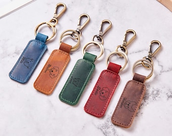 Anpassa lädernyckelring, personlig nyckelring, nyckelring i äkta läder, husdjursporträtt, personlig nyckelring för husdjur, graverad present till husdjursägare