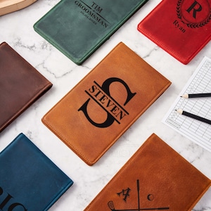 Porte-cartes de score de golf en cuir, couverture de livre pour carte de score de golf personnalisée et porte-livre de métrage, cadeau de Noël, cadeau de golf