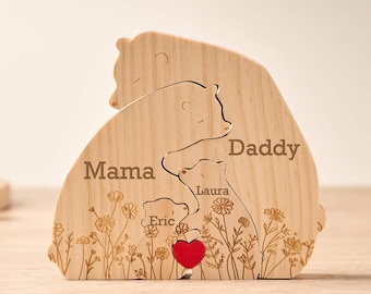 Version florale de la famille des ours dans leurs bras, Casse-tête personnalisé en bois pour la famille des ours, Cadeau personnalisé pour la fête des Mères, Sculptures d'animaux en bois, Décoration d'intérieur familiale