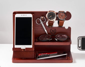 Station d'accueil en bois personnalisée pour téléphone portable, Station d'accueil en bois pour montre, Clés, Accessoires, Organiseur de bureau, Cadeaux pour homme