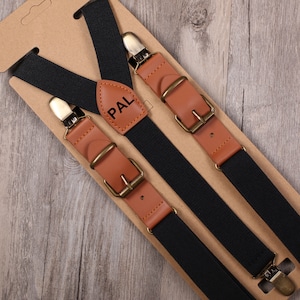 Tirantes de cuero marrón para padrinos de boda para hombres Trajes rústicos para portadores de anillos de boda Tirantes para hombres Tirantes marrones para niños con pajarita