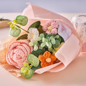 Flores de ganchillo, girasol de ganchillo, rosas hechas a mano, ramo de flores de punto, regalo de aniversario para ella, regalo del Día de la Madre, regalo de Navidad