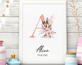 Geburtsposter für Mädchen - Geschenk zur Geburt | Kinderzimmer | Bustabe | Geschenk personalisiert | Blumen | Namensposter | Babyzimmer