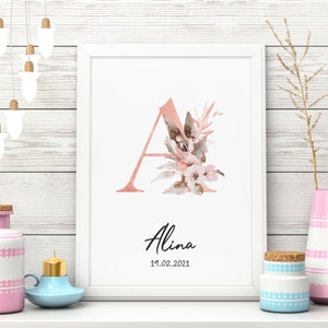 Birth poster for girls - birth gift | Children's room | Bustabe | Gift personalized | flowers | Name poster | Baby room