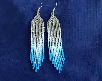 Blue and Grey Fading Beaded Earrings
