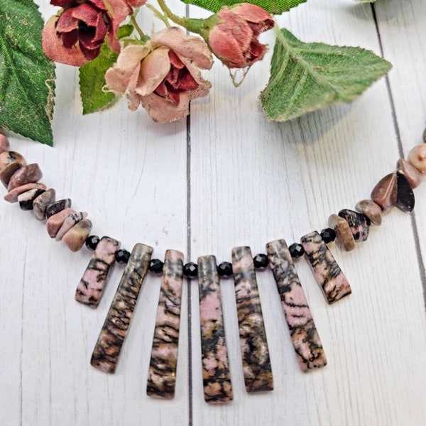 Rhodonite Gemstone Necklace|Natural Untreated Gems|Mothers Necklace|Nature Lover|geology geek|Brass|FREE Shipping|NO Minimum OMJN116