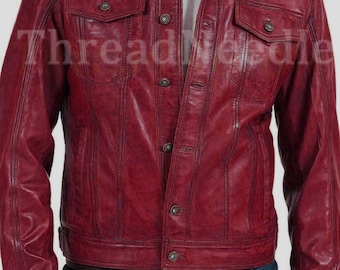 Mannen Biker Motorcycle Vintage Red Classic Diamond handgemaakte lederen jas | Heren designer slim fit bordeaux rode motor leren jas