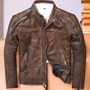 Blouson en cuir marron fait main pour motard vintage pour homme | Blouson de designer moto Cafe Racer en cuir marron coupe slim pour homme
