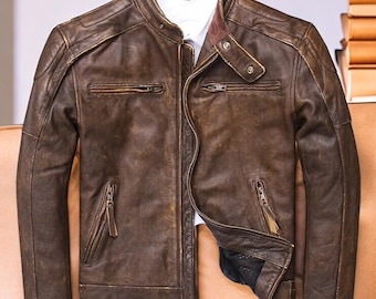 Vintage bruin handgemaakt leren heren motorjack | Designer slim-fit bruin leren caféracer motorjack heren