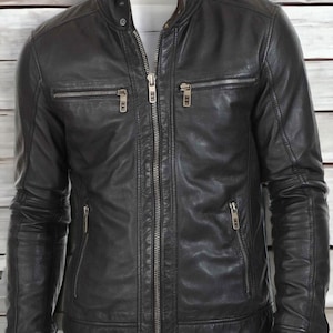 Blouson moto biker noir en cuir véritable coupe slim pour homme | Fait main - Blouson moto en cuir véritable Cafe Racer noir en peau de mouton pour homme