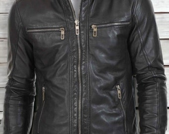 Zwart echt leren motorjack heren slim-fit biker | Handgemaakt - zwarte schapenvacht heren caferacer motorfiets echt leren jas