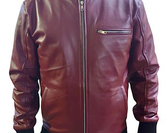 Handgemaakte slim-fit schapenvacht bordeauxrode echt leren bikerjas heren | Heren motorkleding designer feestkleding rood echt leren jack