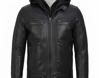 Handgemaakt - heren slim-fit afneembare motorjack met capuchon zwart echt leren jack | Echt zwart motorjack heren met capuchon