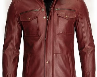 Handmade Men's Vintage Style Burgundy Red Motorcycle Real Leather Cafe Racer Biker Jacket