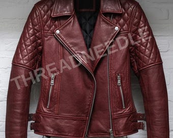 Handgemaakt - bordeauxrode vintage echt leren motorjas heren | Dimond-gewatteerde klassieke vintage rode motorbikerjack heren