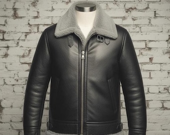 Handgemaakt: echt leren B3 pilotenbommenwerper RAF herenjack | Heren schapenvacht schapenvacht jas heren schapenvacht grijs bont zwart bomber modevak