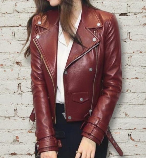 レディース バイカースタイル バーガンディレッド 本革ジャケット