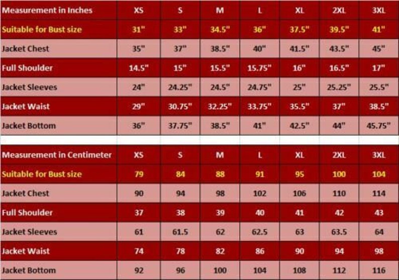 Puede incluir: Tabla de tallas de chaquetas, mostrando medidas en pulgadas y cent&iacute;metros. La tabla incluye medidas de contorno de pecho, pecho, hombro, manga, cintura y bajo, de XS a 3XL, para una gu&iacute;a de tallas.