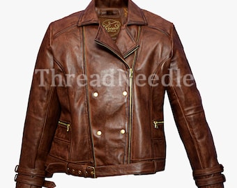 Dames bruin moto-stijl echt leer handgemaakte motorfiets slim fit bikerjack | Vintage bruin leren motorjack dames