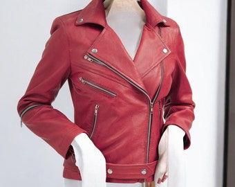 Handgemaakt rood lamsleren bikerjack dames | Rood slim-fit motorjack van echt leer dames