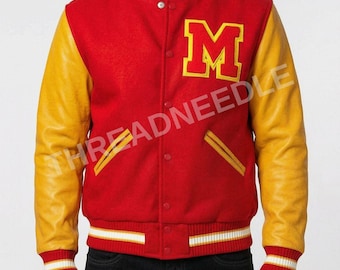 Handmade MJ Varsity M Logo Red Letterman Wool Bomber Jacket With Genuine Leather Sleeves | Mens Slim Fit Varsity Red Wool Bomber Jacket