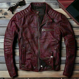 Blouson en cuir fait main rouge vintage pour motard pour homme | Blouson moto Cafe Racer en cuir rouge bordeaux coupe slim pour hommes