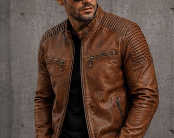Handmade Men's Vintage Style Brown Motorcycle Real Leather Jacket | Men Antique Brown Motorcycle Cafe Racer Biker Jacket