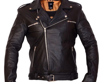 Slim-fit lederen motorjas voor heren | Heren handgemaakte biker klassieke stijl slim fit lederen jas | Mannen zwart lederen jas