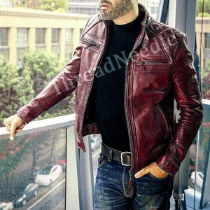 Fait main - Blouson moto motard vintage rouge en cuir véritable Cafe Racer pour homme | Blouson motard classique Dimond Motorcycle vintage rouge pour homme