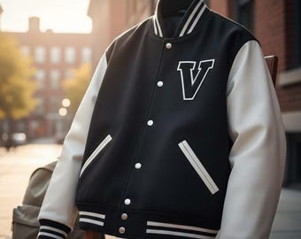 Handgemaakte varsity zwart-witte wollen bomberjack heren | Varsity-jack heren baseball Letterman V-logo | Uniseks zwart wollen Letterman-jack