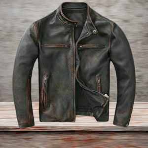 Blouson motard en cuir véritable noir effet vieilli style café Cafe Racer pour homme | Blouson moto homme en cuir véritable coupe slim